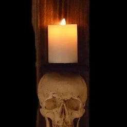 Skeletons And More "Classic Skull Wall Sconce Style II W/ Ivory Flameless Candle" Haunted House Lighting Realistic Props